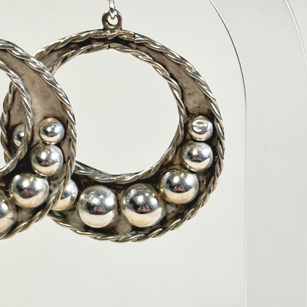 Vintage Taxco Mexico 925 Sterling Silver Beaded Hoop Drop Earrings Boho **READ** - Picture 3 of 16